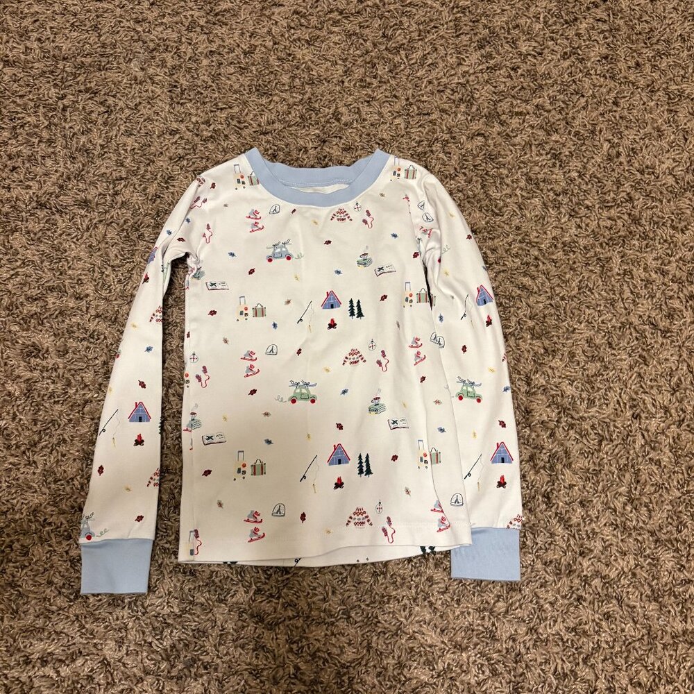 Lake Pajama Top Lot 5 White Winter Cabin Print Long Sleeve Crew Neck Pima Cotton